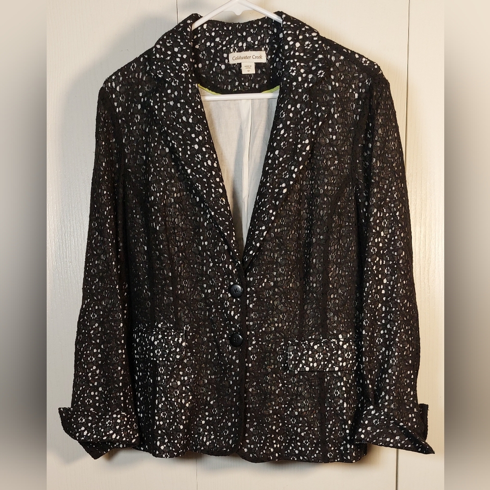 Coldwater Creek Black Nouveau Eyelet Jacket Size 12 Blazer Preppy Career Wear